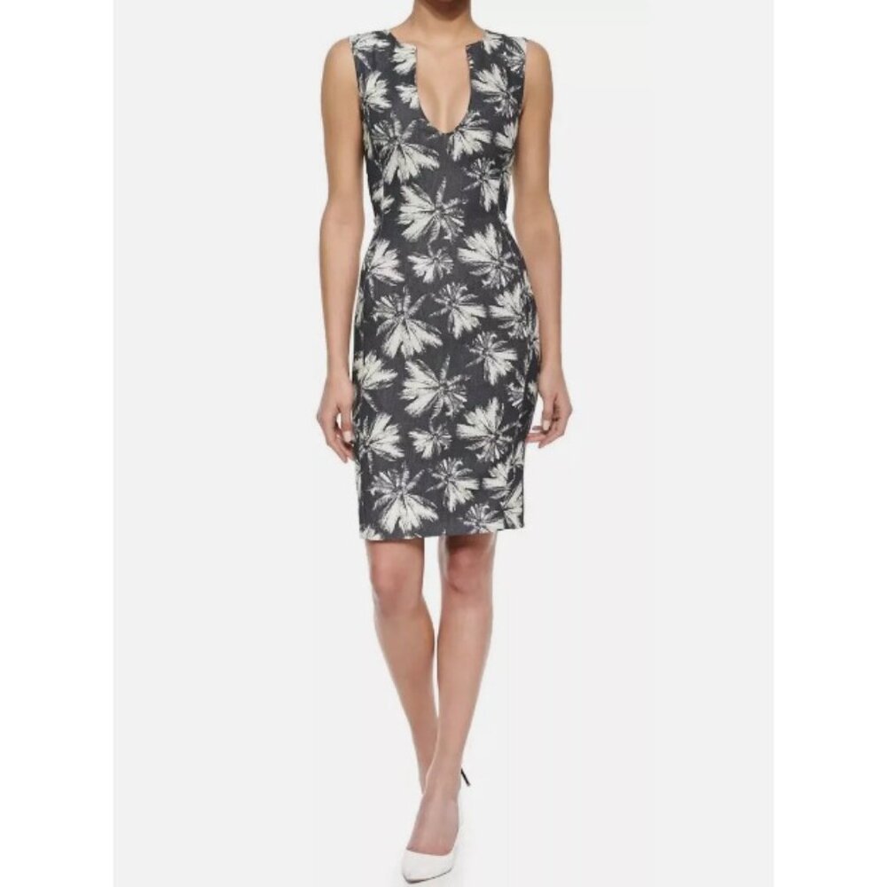 L'Agence Blue & Cream Palm Tree Patterned V-Neck Shift Dress, Size 8